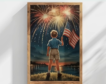 Vintage 4th of July Wall Art PNG | Printable Boy with American Flag and Fireworks | Patriotic USA Independence Day Decor | Digital Download