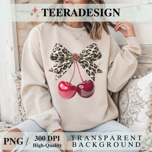 Love You Cherry Much Coquette PNG – Valentine Cherry Bow Sublimation Design, Cheetah Bow Aesthetic Digital Download for Shirts & Gifts