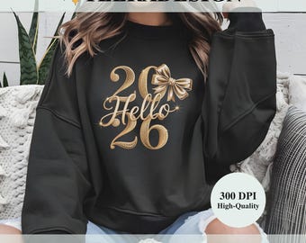 Frohes Neues Jahr 2026 PNG, Hallo Schwarz-Gold-Glitter-Sublimationsdesign, trendiger Silvester-Digital-Download, festliche Feier Clipart
