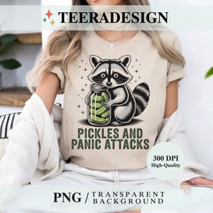 Pickles och panikattacker PNG | Rolig tvättbjörnsångest sublimeringsdesign | Retro vintage sarkastisk mental hälsa T-shirt grafik