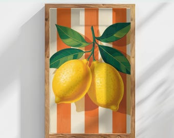Lemon Art Print PNG | Modern Kitchen Wall Decor | Cute Lemons and Stripes Illustration | Bright Fruit Printable | Digital Download
