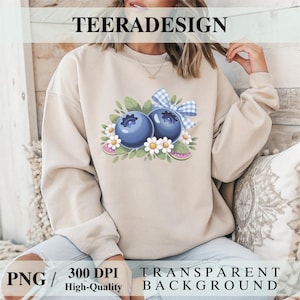 Blueberry Bow PNG – Gingham Blue Fruit Clipart | Coquette Summer Blueberry Shirt Design | Cute Sublimation Digital Download