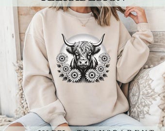 Highland Cow with Sunflowers PNG – Farm Animal Sublimation Design | Cow Clipart & Silhouette Digital Download for Men Women