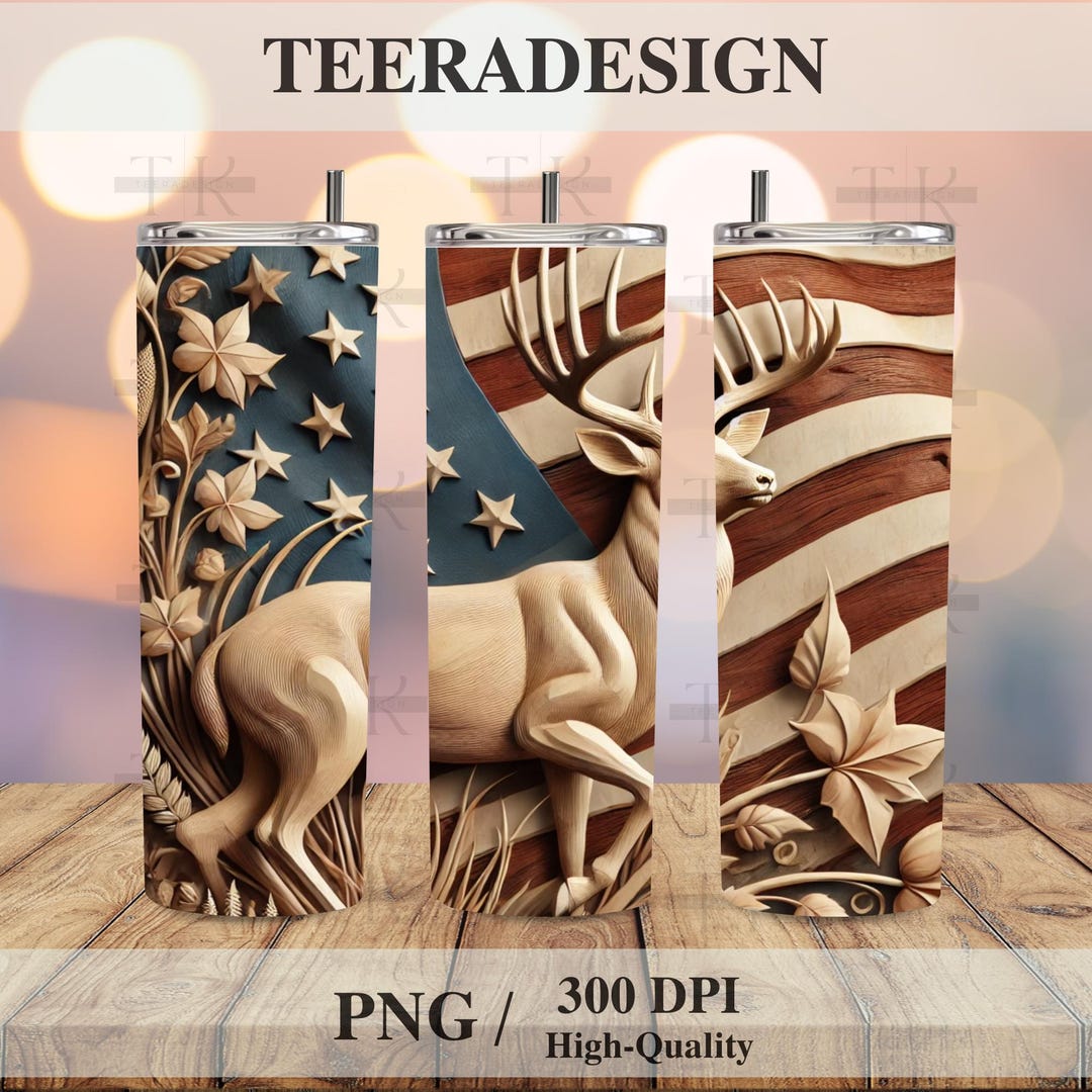 3D Deer American Flag Tumbler Wrap PNG, 20oz Skinny Straight & Tapered ...