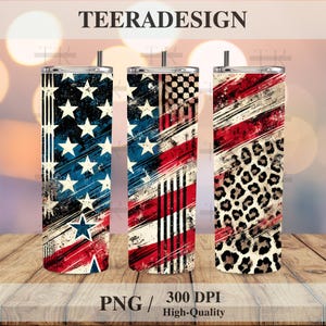 Leopard American Flag Tumbler Wrap PNG, 20oz Skinny Patriotic Sublimation Design Digital Download