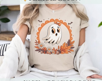 Fantasma fofo PNG | Design de sublimação de Halloween de outono com laços e flores | Clipart feminino assustador da estação | Download digital para camisetas