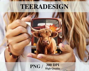 Autumn Highland Cow Mug Wrap PNG | Pumpkin Fall Mug Sublimation Design | 11oz & 15oz Mug Template | Instant Digital Download