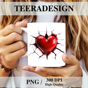 3D Red Heart Hole In A Wall Mug Wrap PNG | 11oz & 15oz Mug Sublimation Design | Love Valentine’s Mug Template | Instant Digital Download