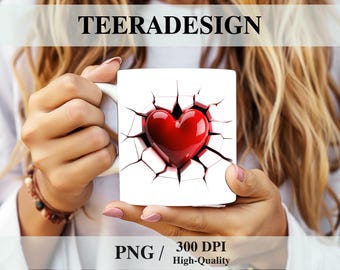 3D Red Heart Hole In A Wall Mug Wrap PNG | 11oz & 15oz Mug Sublimation Design | Love Valentine’s Mug Template | Instant Digital Download