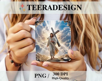 Taza 3D con Jesús en el Cielo PNG / Diseño de sublimación de taza cristiana con cruz / Plantilla de taza de 11 oz y 15 oz / Regalo religioso / Descarga digital instantánea