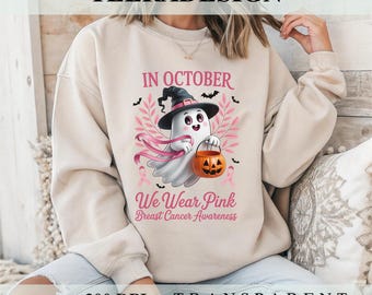 In October We Wear Pink PNG – Retro Breast Cancer Awareness Pink Ghost Sublimation Design for Halloween Shirt