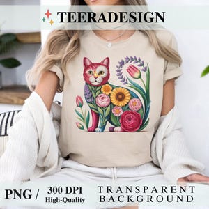 Wildflower Cat PNG – Floral Cat Sublimation Design, Cute Kitten Spring & Summer PNG for Cat Lover Shirts, Digital Download