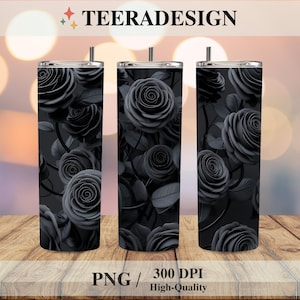 3D Black Roses Tumbler Wrap PNG, Seamless 20oz Skinny Sublimation Design, Straight & Tapered Tumbler Template, Instant Digital Download