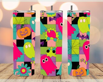 Retro Neon Ghost 20oz Skinny Tumbler Sublimation | Neon Checkered Halloween Tumbler Wrap PNG | Spooky Season Straight Tumbler Digital