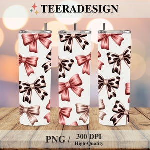 Coquette Tumbler Wrap PNG, 20oz Skinny Tumbler Sublimation Design, 3D Pink Bow Plaid Coquette Aesthetic, Girly Ribbon Tumbler Wrap Digital