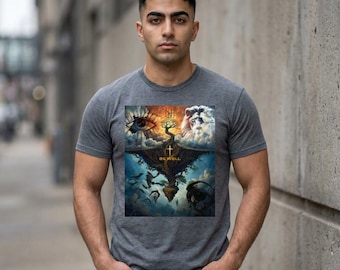 Surreales Engel & Dämonen Motiv T-Shirt | Floating Island, Kreuz Motiv