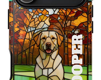 Gebrandschilderd glas Labrador en Golden Retreiver telefoonhoesje. Gepersonaliseerde telefoonhoes voor iPhone en Samsung. Speciaal cadeau voor hondenliefhebbers.