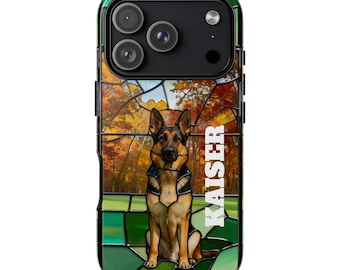 Stoere hoesjes, glas-in-lood Duitse herder telefoonhoesje gepersonaliseerd voor iPhone Samsung, hondenliefhebber cadeau, beschermende telefoonhoes, aangepast
