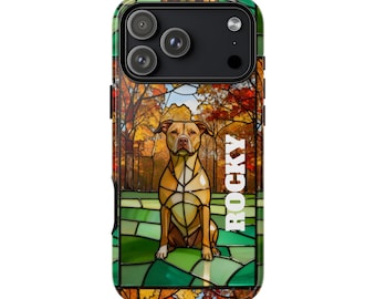 Stoere hoesjes, Pitbull-hoesje met gebrandschilderd glas gepersonaliseerd voor iPhone Samsung, hondenliefhebber cadeau, beschermende telefoonhoes, aangepast