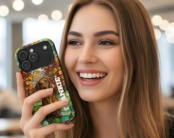 Stoere hoesjes, glas-in-lood teckelhoes gepersonaliseerd voor iPhone Samsung, hondenliefhebber cadeau, beschermende telefoonhoes, aangepast