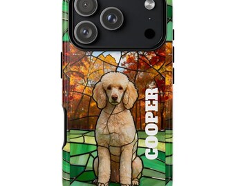 Artistieke sterke koffers met gebrandschilderd glas voor poedeleigenaar. Gepersonaliseerde telefoonhoesje cadeau voor hondenliefhebbers, aangepaste beschermende telefoonhoes.