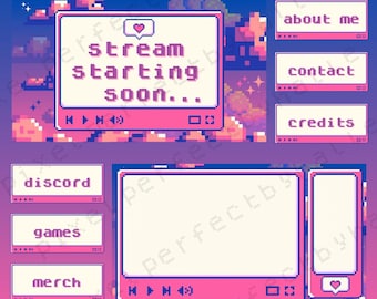 May include: Animated overlays and panels in a pixel art style. The design features a pink and white color scheme with text that reads "stream starting soon..." and other options like "about me", "contact", and "credits".