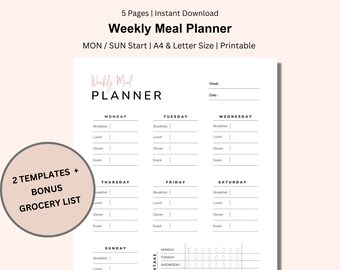 Printable Weekly Meal Planner, Grocery List, A4/Letter (Instant Download)