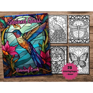 Stained Glass Coloring Book, Printable Beautiful Stained Glass Style Coloring Pages, Digital Coloring Book for Kids and Adults to Color