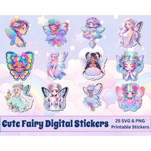 Cute Fairy PNG SVG Bundle, Adorable Fairy Printable Stickers, Fantasy Stickers, Cricut, Silhouette, Planners, Scrapbooking