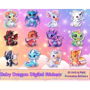 Baby Dragons PNG SVG Bundle, Printable Cute Baby Dragon Stickers, Fantasy Dragon, Cricut, Silhouette, Planners, Scrapbooking