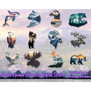 Alaska dierlijke silhouetten Png Svg bundel, afdrukbare Alaskan stickers, dubbele belichting dieren, Wildlife stickers, Cricut, silhouet