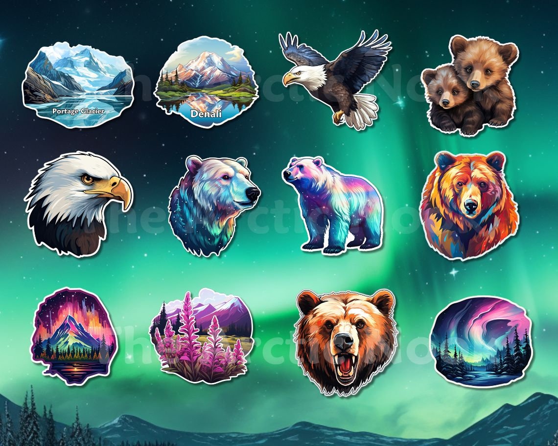 Alaska Animals and Landscapes Stickers, Northern Lights, Wildlife (PNG ...