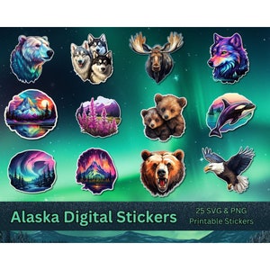Alaska Tiere und Landschaften Png SVG Bundle, druckbare Alaska Aufkleber, Polarlichter, Wildlife Aufkleber, Cricut, Silhouette