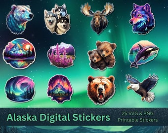 Stickers animaux et paysages de l'Alaska, aurores boréales, faune (Bundle PNG SVG)