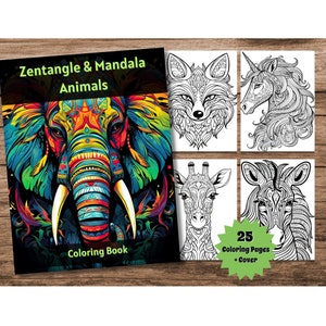 Zentangle & Mandala Animals Coloring Book, Printable Mandala Animal Style Coloring Pages, Digital Coloring Book for Kids and Adults to Color