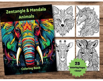 Zentangle Mandala Animals Coloring Book, 25 Pages (Digital Download)