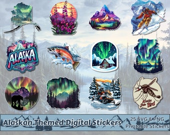 Op de afbeelding: Een set van 10 digitale stickers met Alaska-thema's. De stickers bevatten afbeeldingen van bergen, een zalm, een hut, een beer, een mug, een sneeuwscooterrijder en het noorderlicht. De stickers zijn perfect om een ​​Alaska-sfeer aan je projecten toe te voegen.