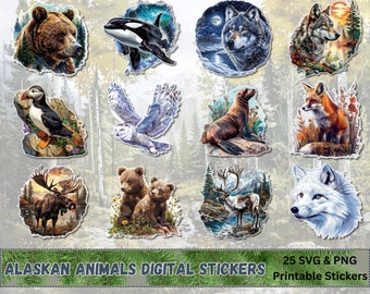 Autocollants de la faune de l'Alaska, Illustrations animales détaillées (SVG, PNG en téléchargement numérique)