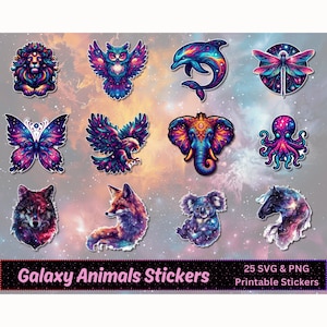Galaxy Dieren PNG SVG Bundel, Afdrukbare Mooie Galaxy Geïnspireerde Dierenstickers, Gedetailleerde Dierlijke Digitale Stickers, Cricut, Silhouet