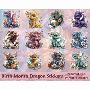 Dragones bebés del mes de nacimiento, paquete PNG SVG, pegatinas imprimibles lindos del dragón bebé del mes de nacimiento, hermosas pegatinas digitales detalladas, Cricut