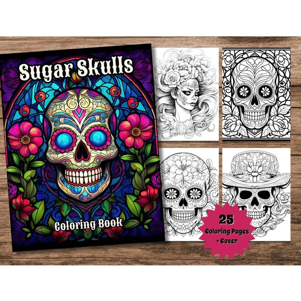 Sugar Skulls Coloring Book, Printable Sugar Skulls Day of the Dead Coloring Pages, Greyscale Coloring Book for Kids and Adults to Color