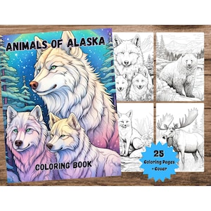 Libro da colorare sugli animali dell'Alaska, bellissime pagine stampabili da colorare sulla fauna selvatica dell'Alaska, libro da colorare digitale in scala di grigi per adulti e bambini