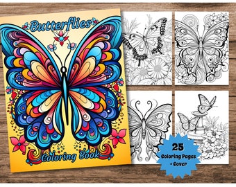 Butterfly Coloring Book, Greyscale Illustrations (PDF Pattern)