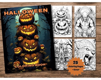 Spooky Halloween Coloring Book, Horror Greyscale Illustrations (PDF Pattern)