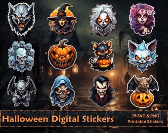 Spooky Halloween Stickers, Printable Scary Designs (Digital Download)