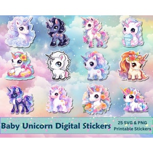 Baby Unicorn PNG SVG Bundle, Printable Cute Baby Unicorn Stickers, Fantasy Stickers, Cricut, Silhouette, Planners, Scrapbooking