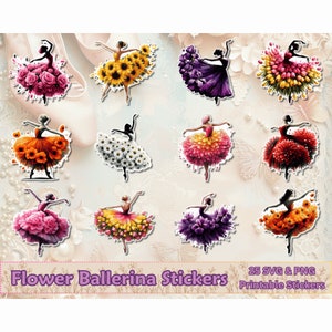 Pacchetto Flower Ballerina PNG SVG, bellissime ballerine floreali stampabili, adesivi digitali di balletto, abiti floreali, Cricut, Silhouette