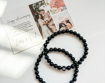Black Bead Initial Bracelet Set: Matching Couple Bracelets