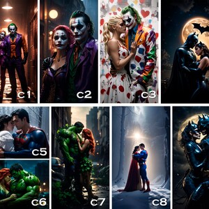 May include: A collage of nine images featuring various superhero couples. The images depict Batman and Catwoman, Superman and Lois Lane, Joker and Harley Quinn, and Hulk and Poison Ivy. The images are set in various locations, including a dark alleyway, a snowy forest, and a city street.