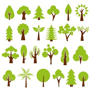 May include: A collection of twenty-four stylized tree icons arranged in a grid. Each icon features a brown trunk and vibrant green foliage in various shapes, including rounded, pointed, coniferous, and palm-like designs on a white background.